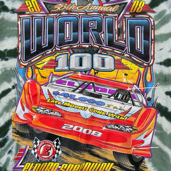 Vintage 2008 World 100 Auto Racing Tie Dye Double Sided T Shirt Men Sz L - Picture 2 of 9